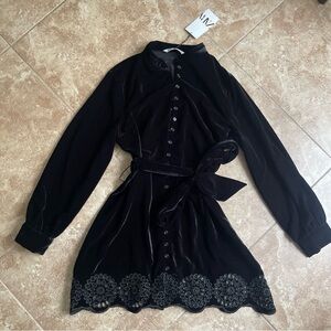 ZARA NEW Black Velvet Embroidered Dress With Belt Size XL